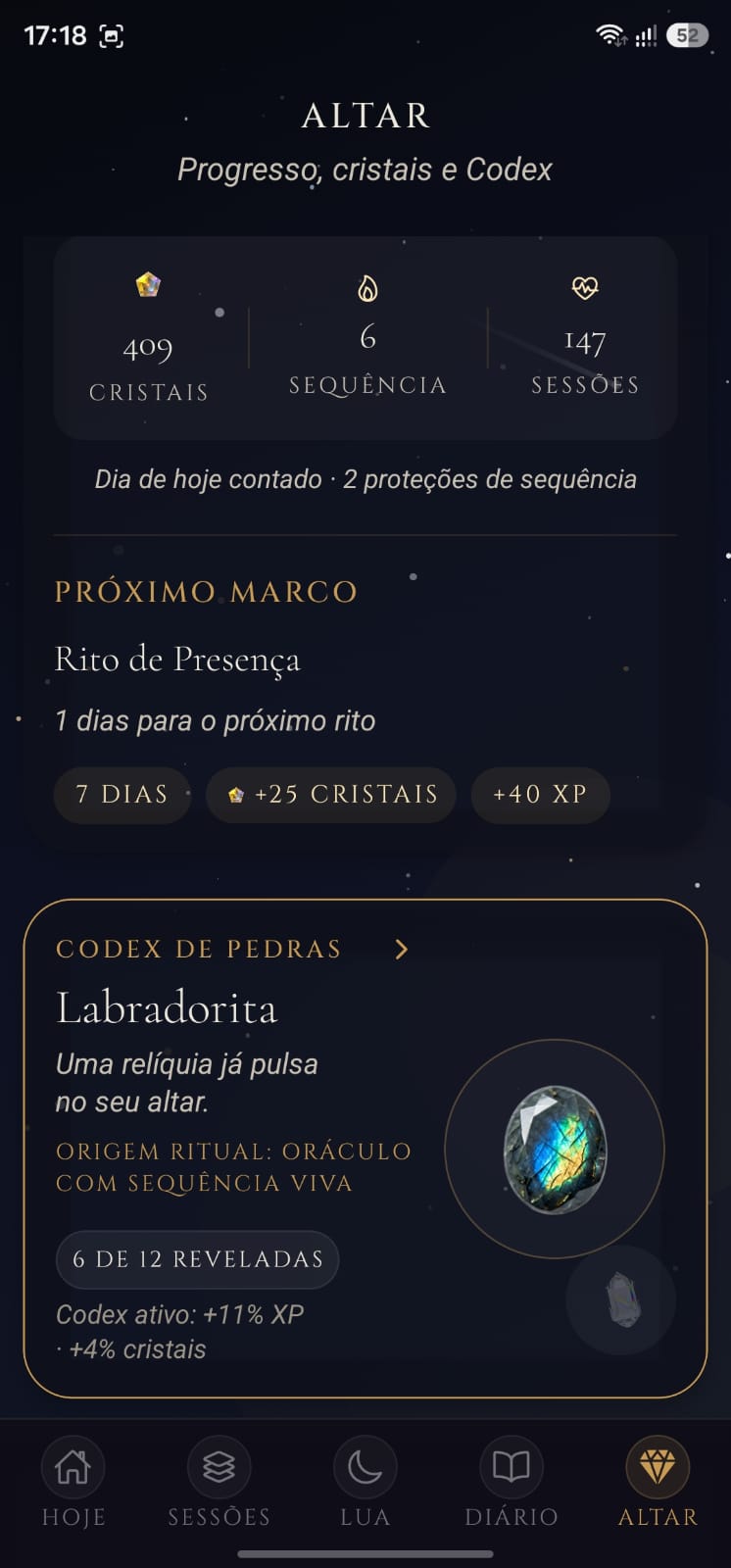 Altar — progresso, cristais e Codex de pedras