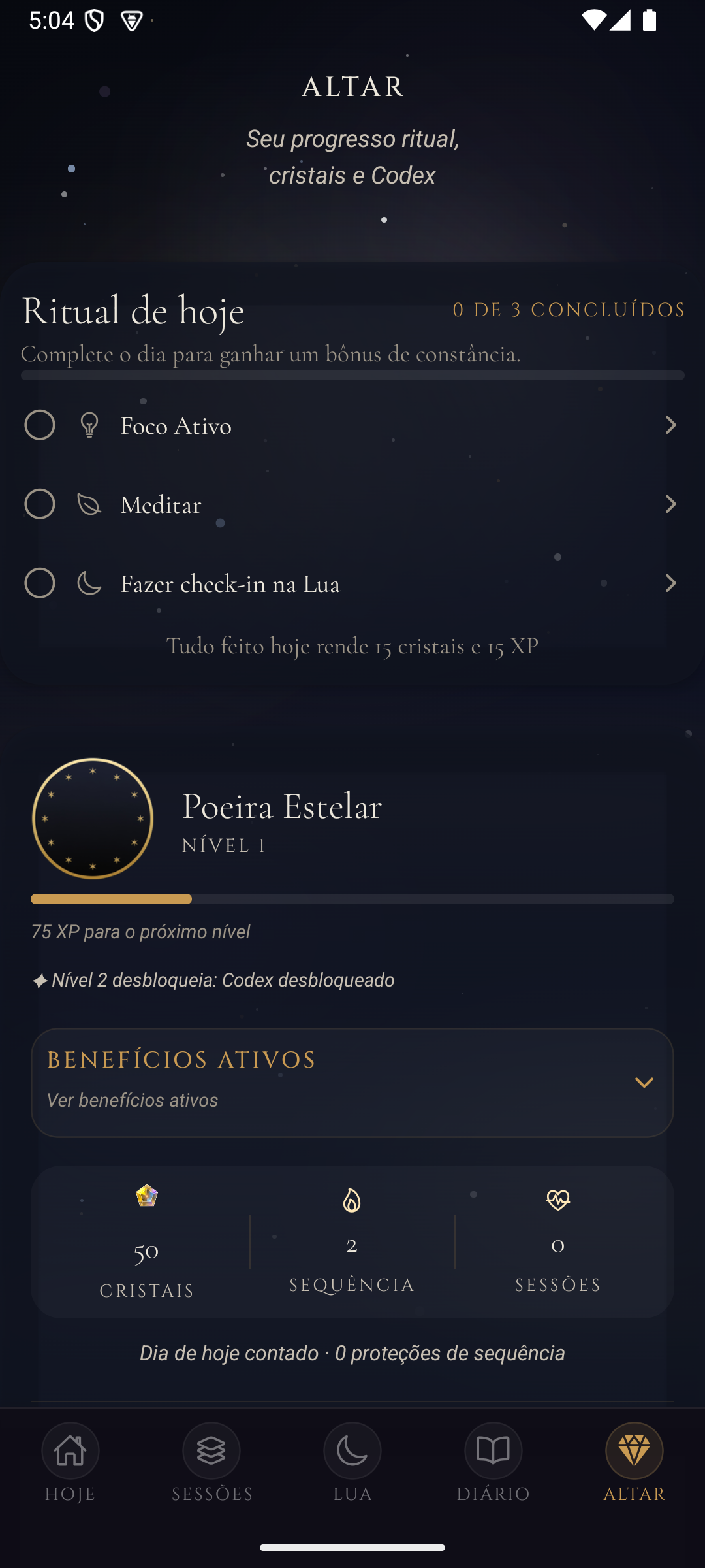 Altar — progresso, cristais e Codex de pedras