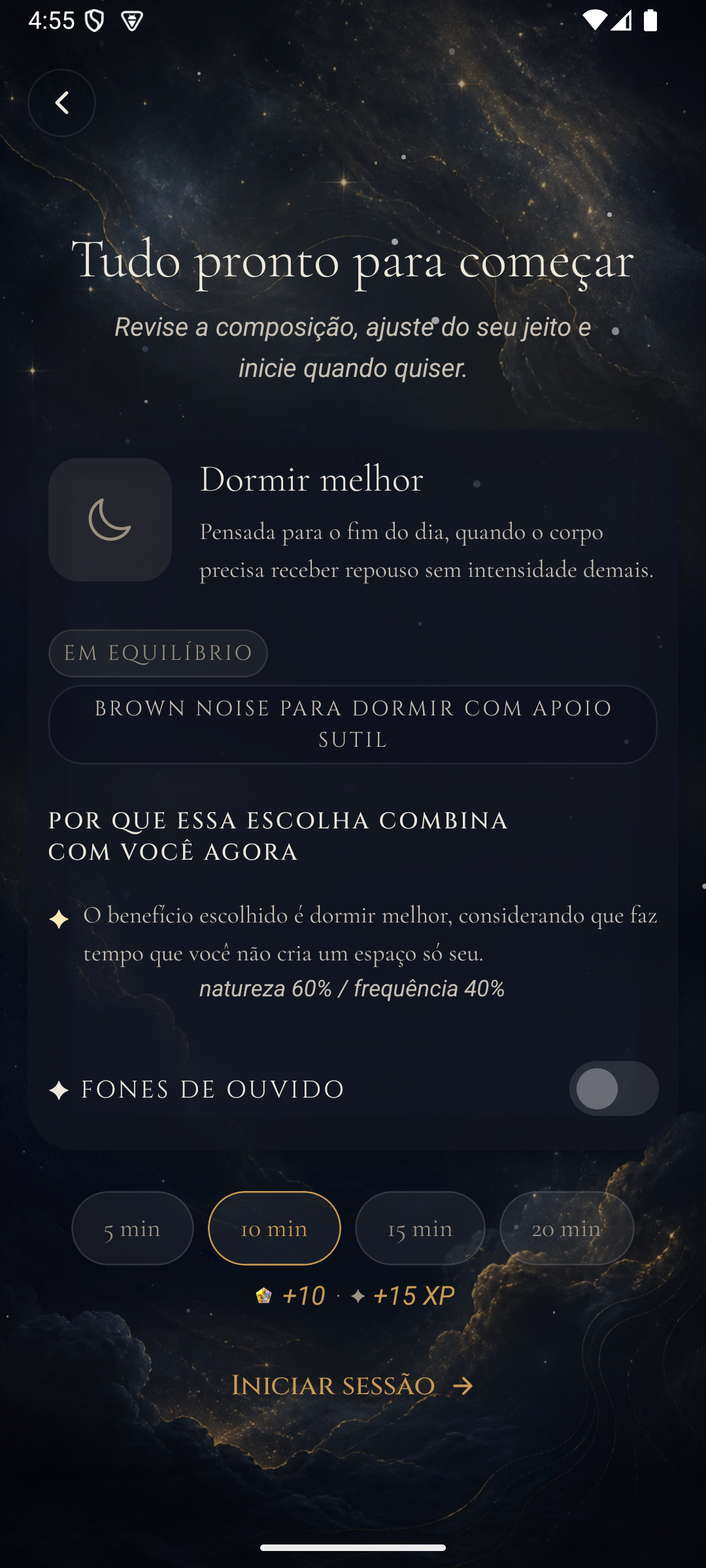Hub de Sessões — Meditar, Rituais de Sono e Foco Ativo