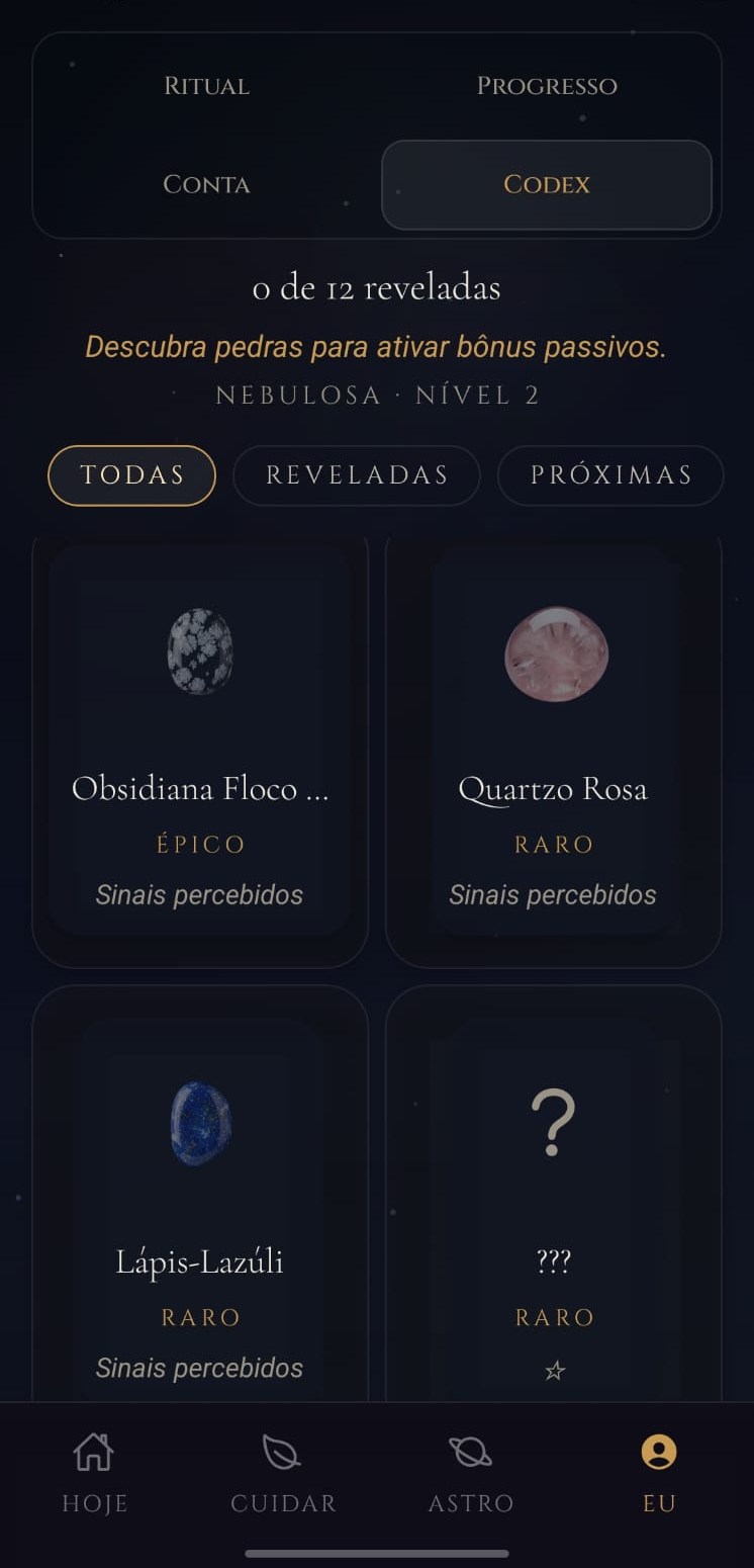 Codex — pedras reveladas com bônus passivos