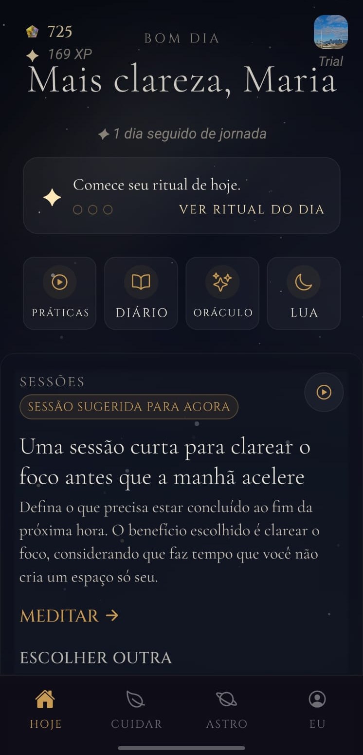Hoje — ritual diário e sessão sugerida