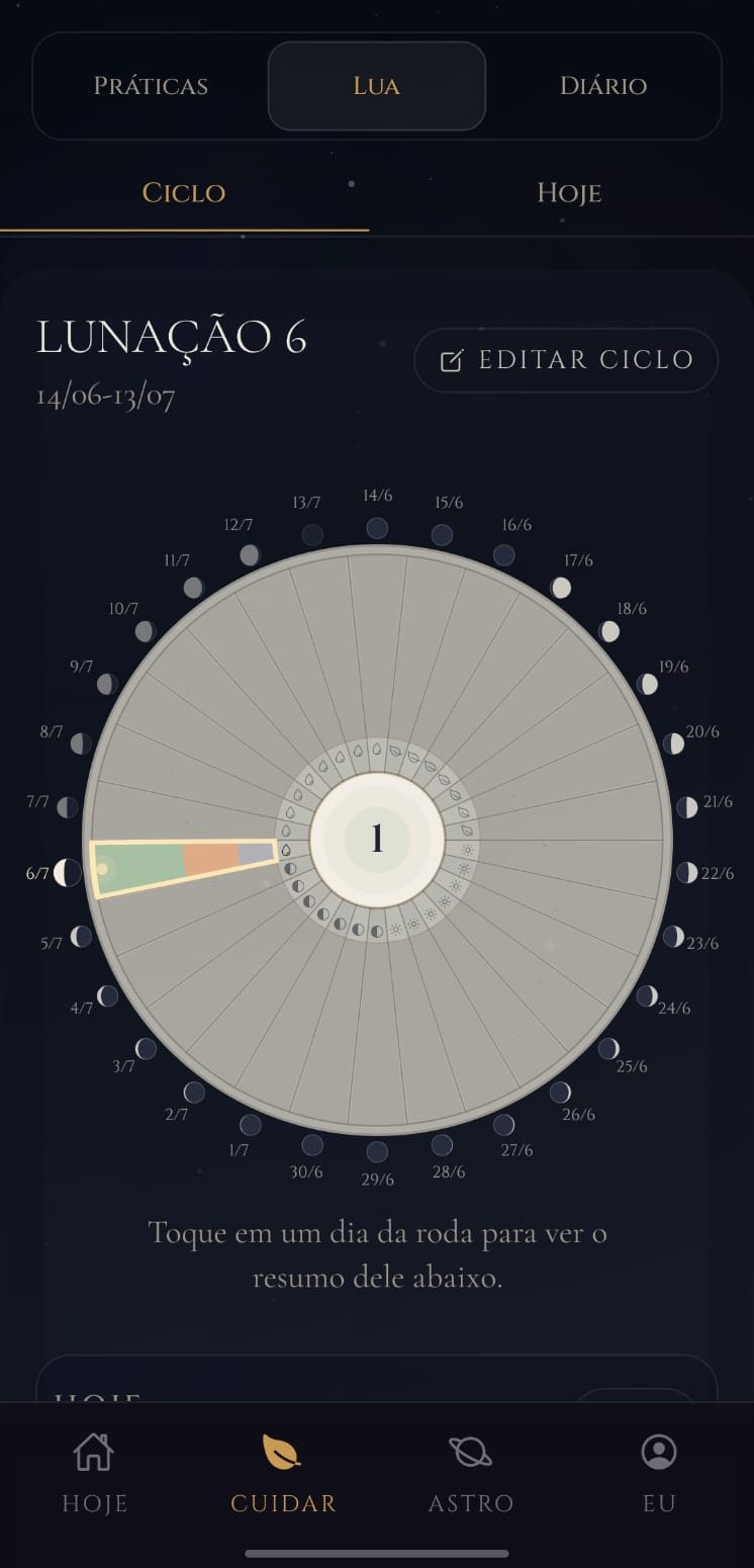 Mandala lunar — lunação com fases e check-ins do ciclo