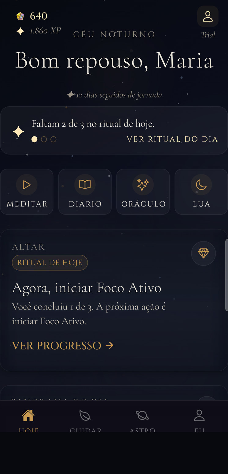 Hoje — ritual diário e sessão sugerida