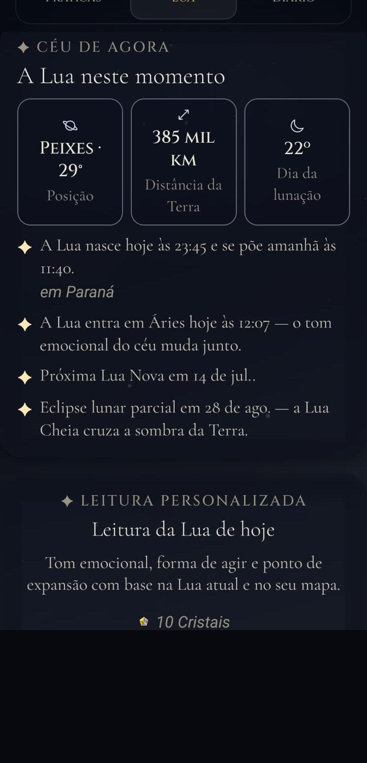 Lua de hoje — céu de agora e leitura personalizada