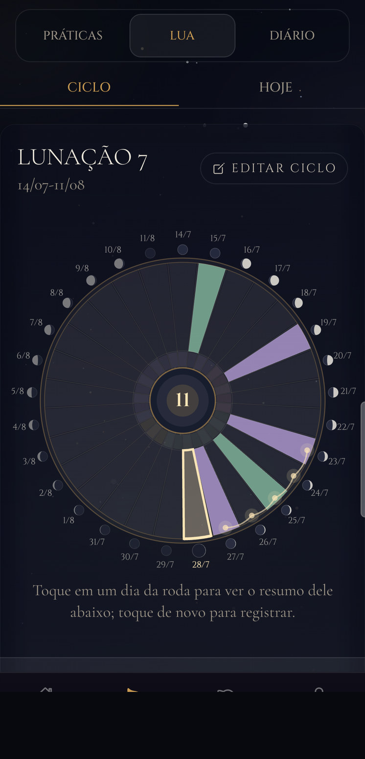 Mandala lunar — lunação com fases e check-ins do ciclo